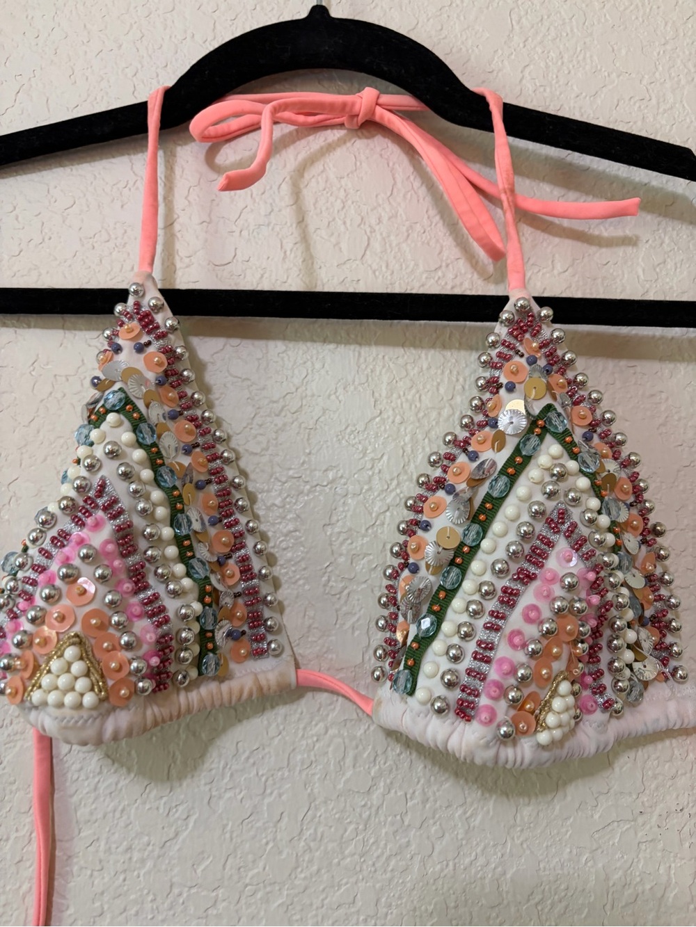 Sequined Victoria's Secret White Bikini Top with Pink Strap